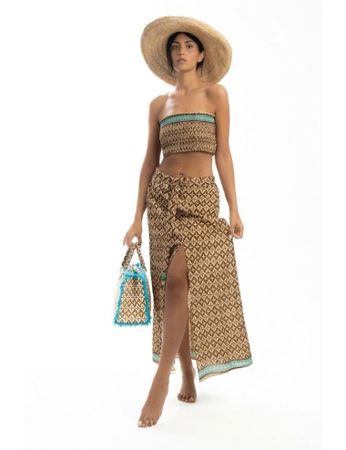 Donna completo karamell cotone top gonna fantasia ecrù beige