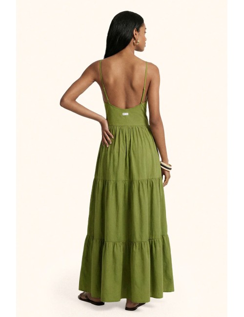 Mefui - donna abito lungo me fui cotone verde militare bottoni scollo  mf26-sw0219mg