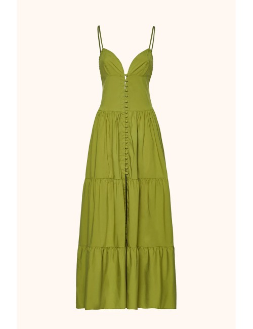 Mefui - donna abito lungo me fui cotone verde militare bottoni scollo  mf26-sw0219mg