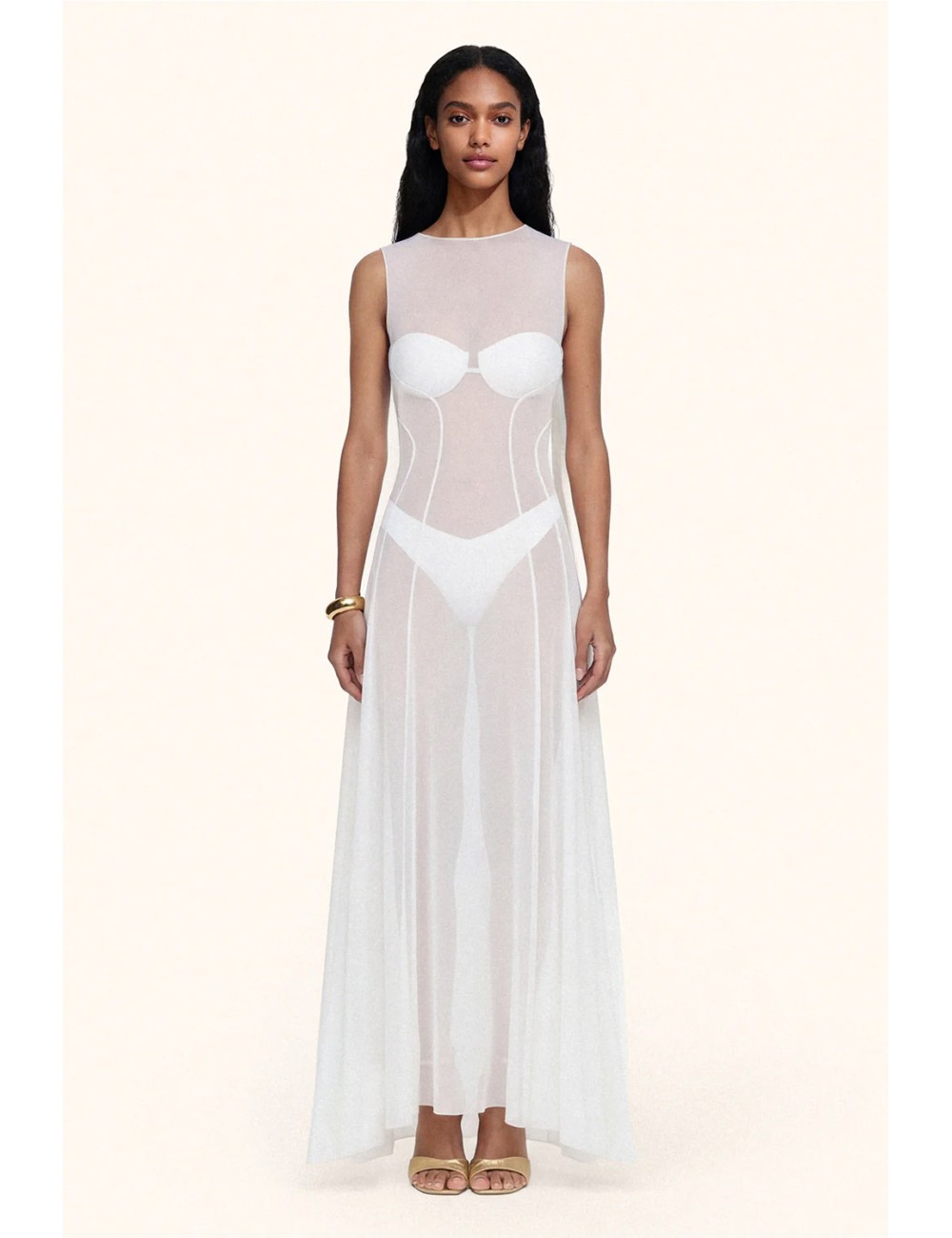 Mefui - donna abito lungo me fui tulle bianco trasparente senza maniche mf26-sw0720wh