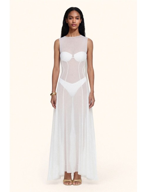 Mefui - donna abito lungo me fui tulle bianco trasparente senza maniche mf26-sw0720wh