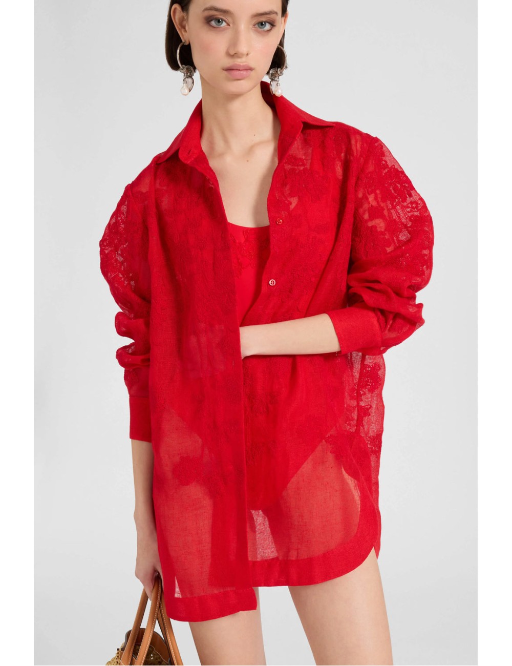 Donna camicia ermanno scervino oversized lino ricamo rosso d484k600kgc 81763