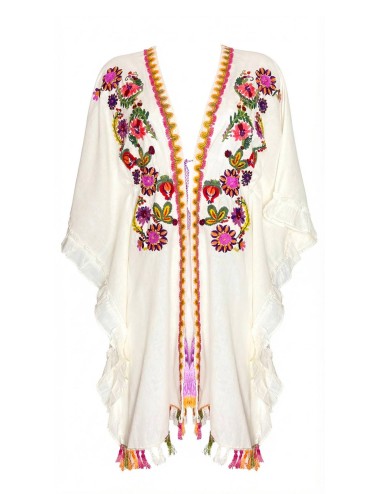 Miss bikini - poncho ricamo e nappine folk v6024d cotone/lino bianco
