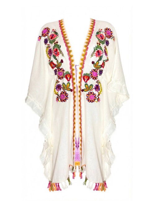 Miss bikini - poncho ricamo e nappine folk v6024d cotone/lino bianco