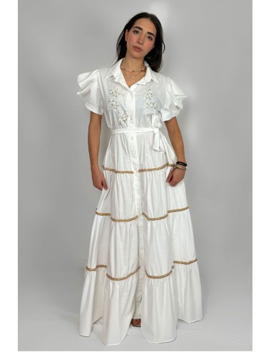 Donna abito camicia drycri bianco trecce oro ricamo floreale