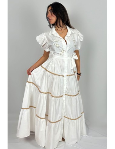 Donna abito camicia drycri bianco trecce oro ricamo floreale