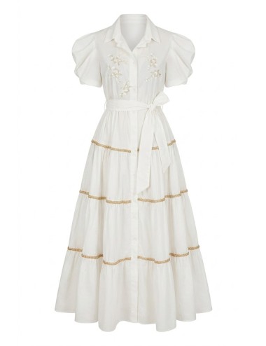 Donna abito camicia drycri bianco trecce oro ricamo floreale