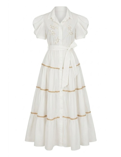 Donna abito camicia drycri bianco trecce oro ricamo floreale