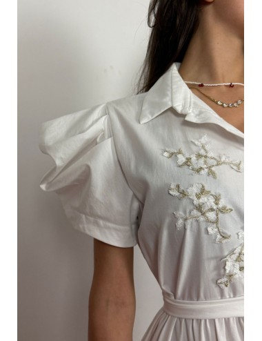 Donna abito camicia drycri bianco trecce oro ricamo floreale