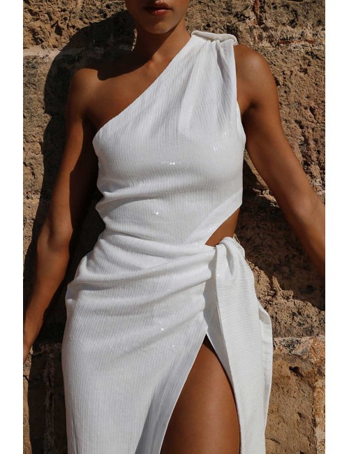 Donna abito monospalla drycri denim paillettes white treccia