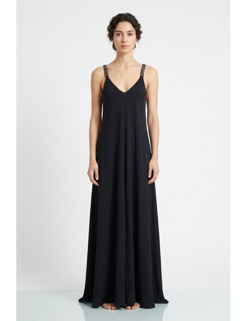 Donna abito lungo drycri scollo v spalline gioiello nero