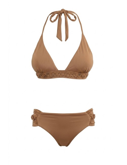 Donna bikini drycri top fermo slip fisso beige dettagli laminati serena nut lm brown