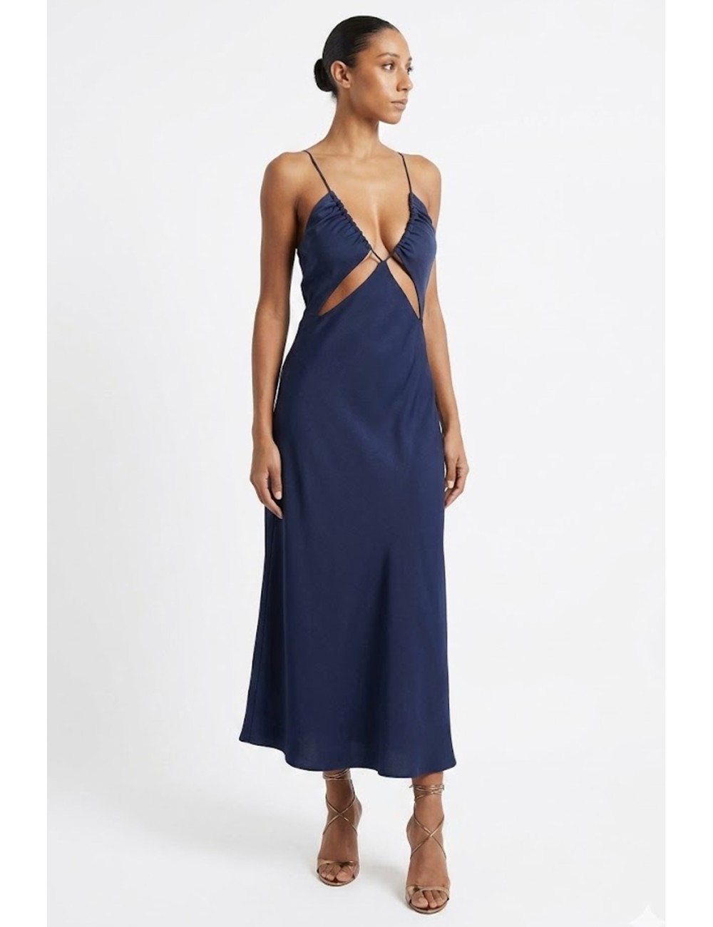 Donna abito lungo drycri lyocell sostenibile blu scollo v gaia blue