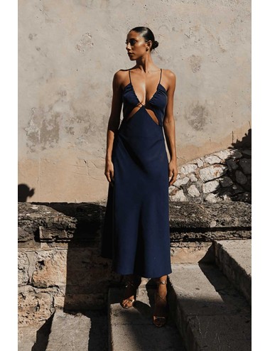 Donna abito lungo drycri lyocell sostenibile blu scollo v gaia blue