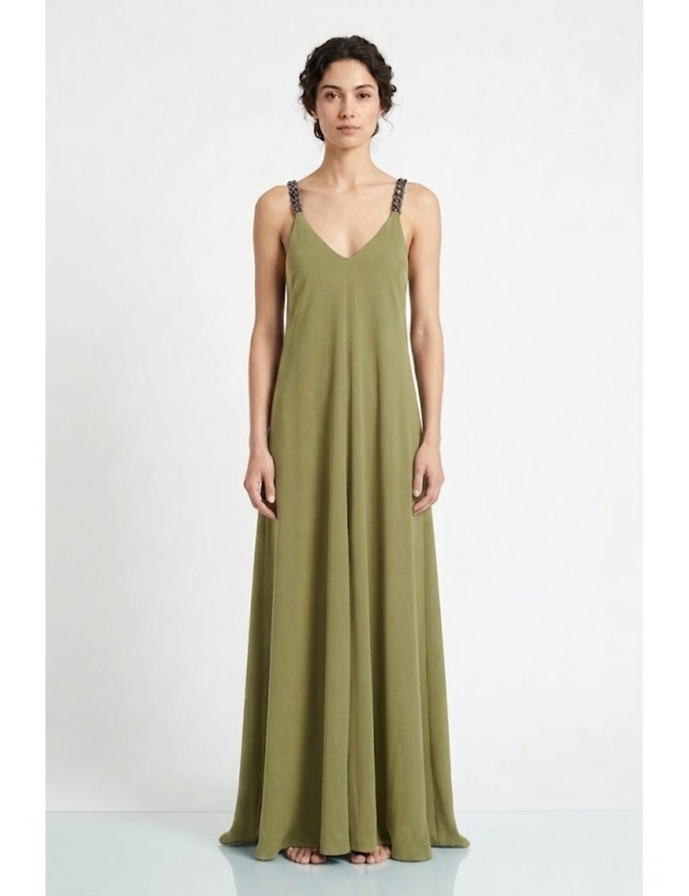 Donna abito lungo drycri scollo v spalline gioiello verde