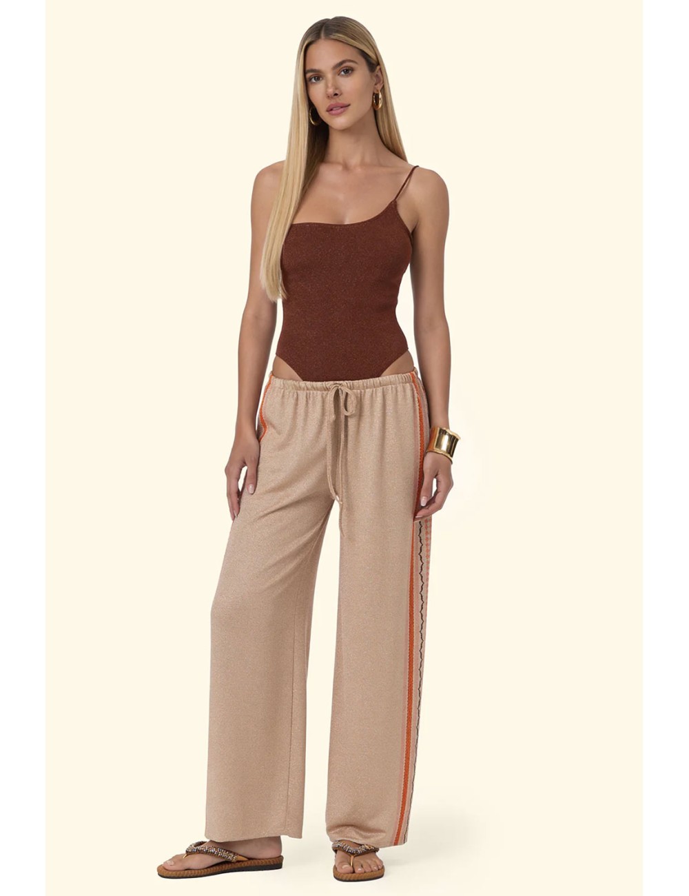 Donna pantalone palazzo fk sabbia lurex con coulisse in vita