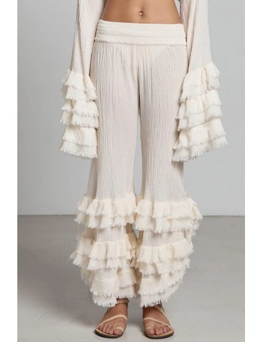 Donna pantaloni savana christian zen in cotone con balze bianco avorio