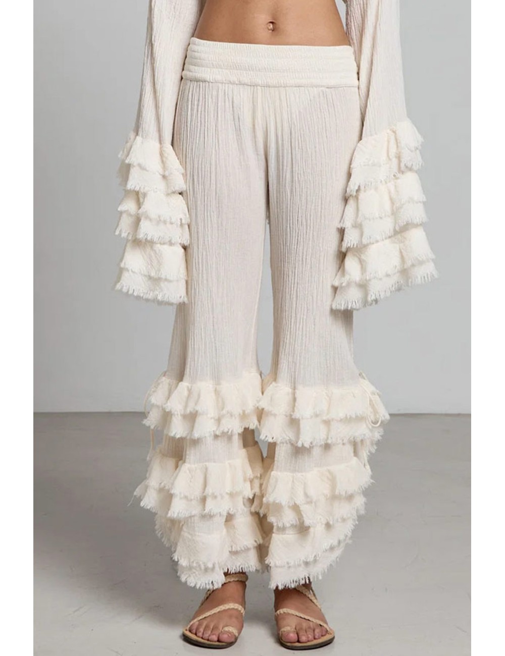 Donna pantaloni savana christian zen in cotone con balze bianco avorio