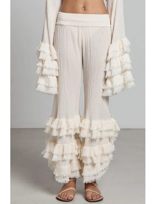 Donna pantaloni savana christian zen in cotone con balze bianco avorio