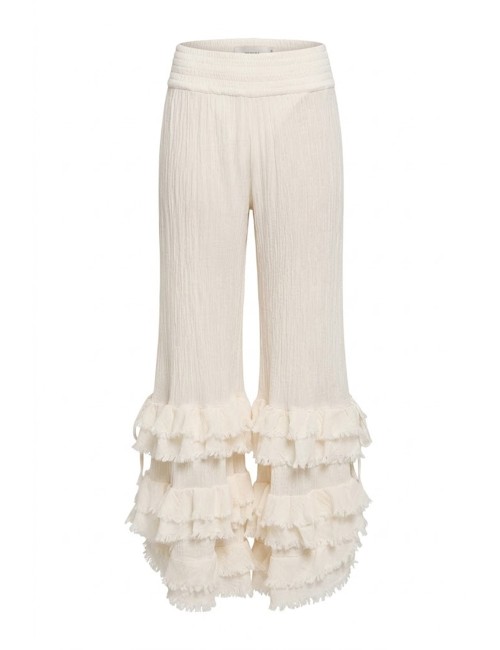 Donna pantaloni savana christian zen in cotone con balze bianco avorio