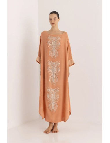 Donna maxi caftano christian zen ariadne in cotone con perline pesca