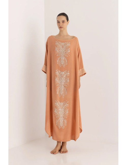 Donna maxi caftano christian zen ariadne in cotone con perline pesca
