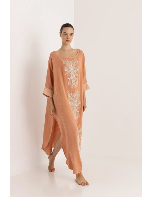 Donna maxi caftano christian zen ariadne in cotone con perline pesca