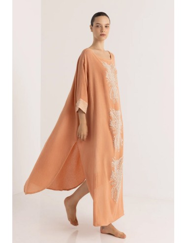 Donna maxi caftano christian zen ariadne in cotone con perline pesca