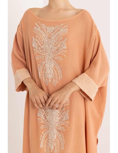 Donna maxi caftano christian zen ariadne in cotone con perline pesca