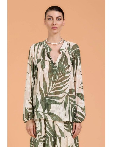 Donna blusa take two arizona stampa foglie scollo a v verde e beige