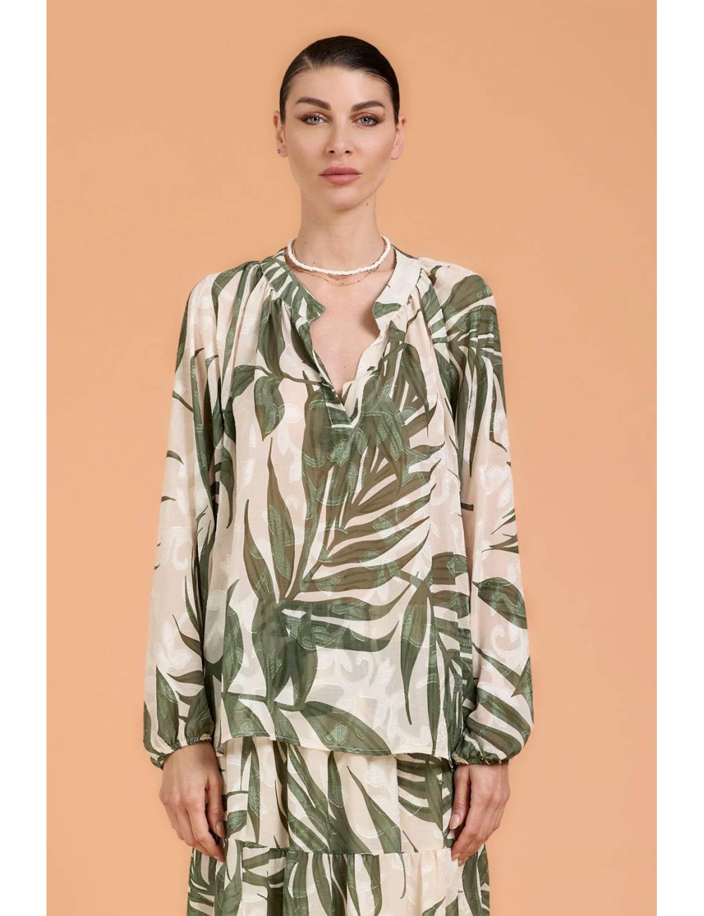 Donna blusa take two arizona stampa foglie scollo a v verde e beige