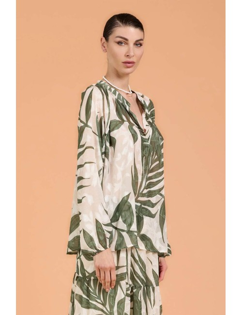 Donna blusa take two arizona stampa foglie scollo a v verde e beige