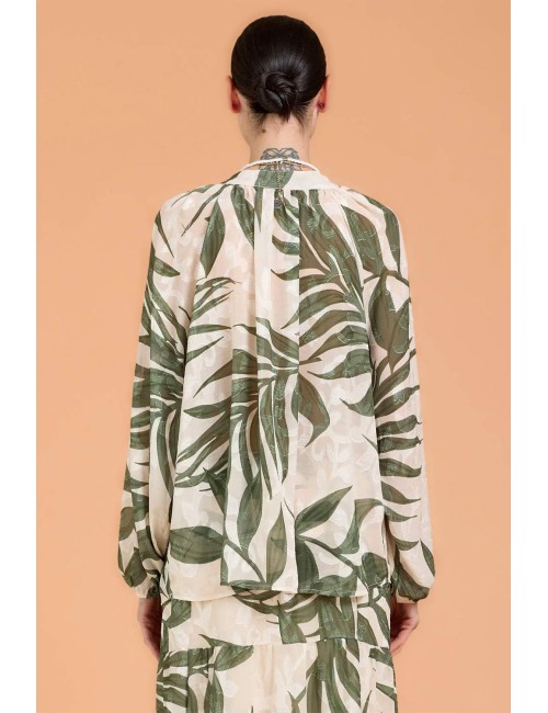 Donna blusa take two arizona stampa foglie scollo a v verde e beige