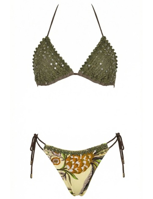Donna bikini miss bikini triangolo rete paillettes verde e giallo