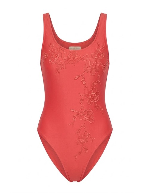 Donna costume intero ermanno scervino rosso ricamo floreale pizzo