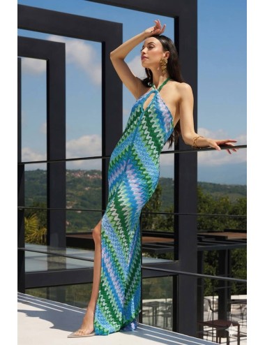 Donna abito lungo pho firenze tessuto rachel multicolor allaccio collo