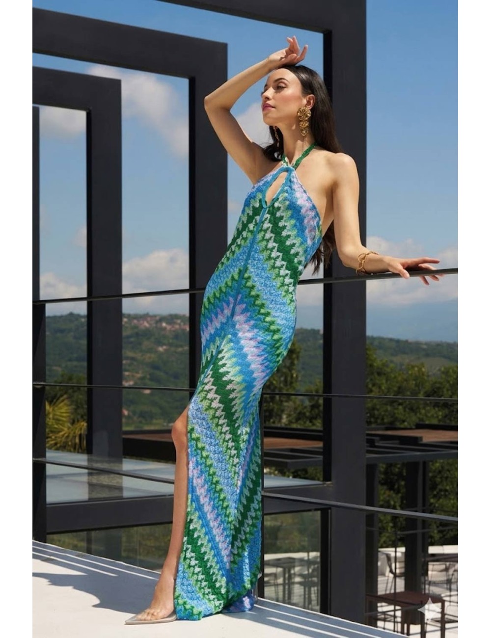 Donna abito lungo pho firenze tessuto rachel multicolor allaccio collo