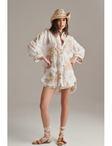 Donna camicia pho firenze in tessuto ramiè bianco con ricami oro