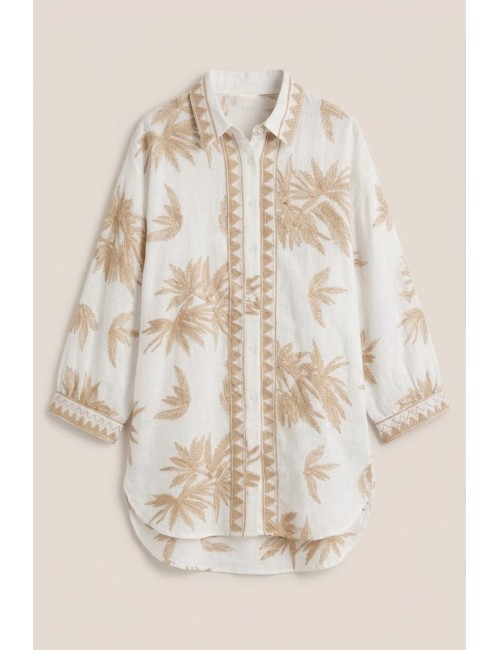 Donna camicia pho firenze in tessuto ramiè bianco con ricami oro