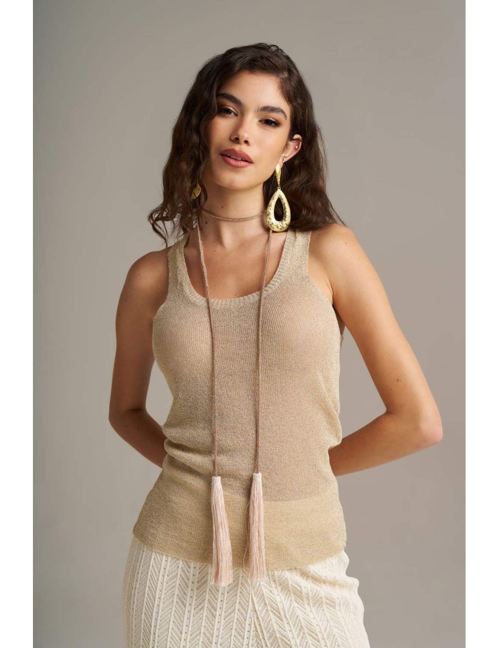 Donna top pho firenze in viscosa e fibra metallizzata oro