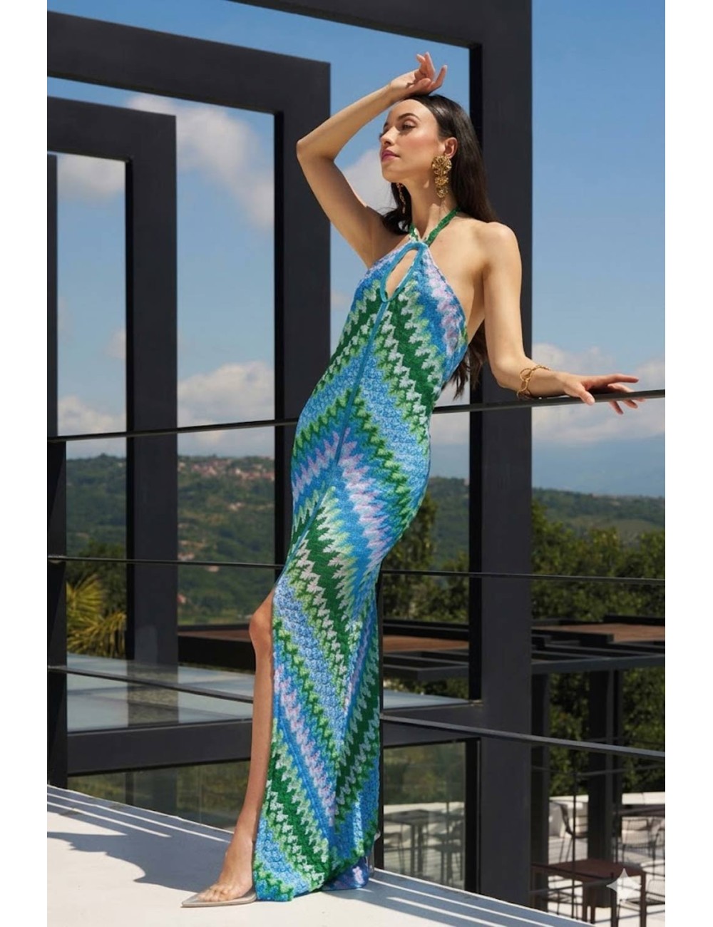Donna abito lungo pho firenze tessuto rachel multicolor allaccio colloPho FirenzePassioni Boutique