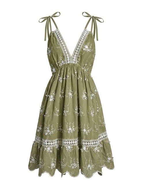 Donna abito corto miss bikini in cotone verde oliva ricamato fiori