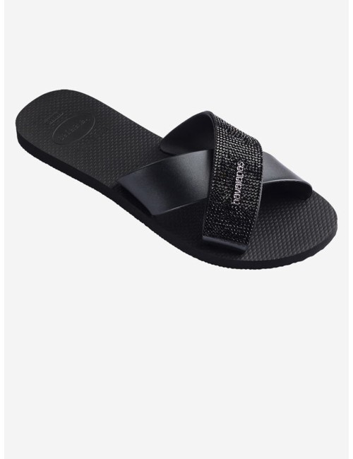 Donna sandali havaianas aqua glow neri fasce incrociate cristalli