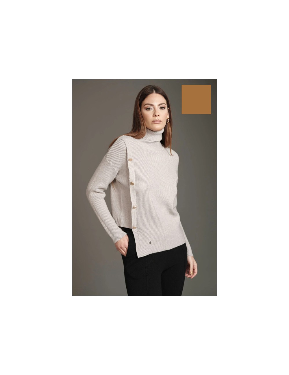 Fresh flower - maglia dolcevita collo inglese con bottoni ff227 cammelloFresh FlowerPassioni Boutique