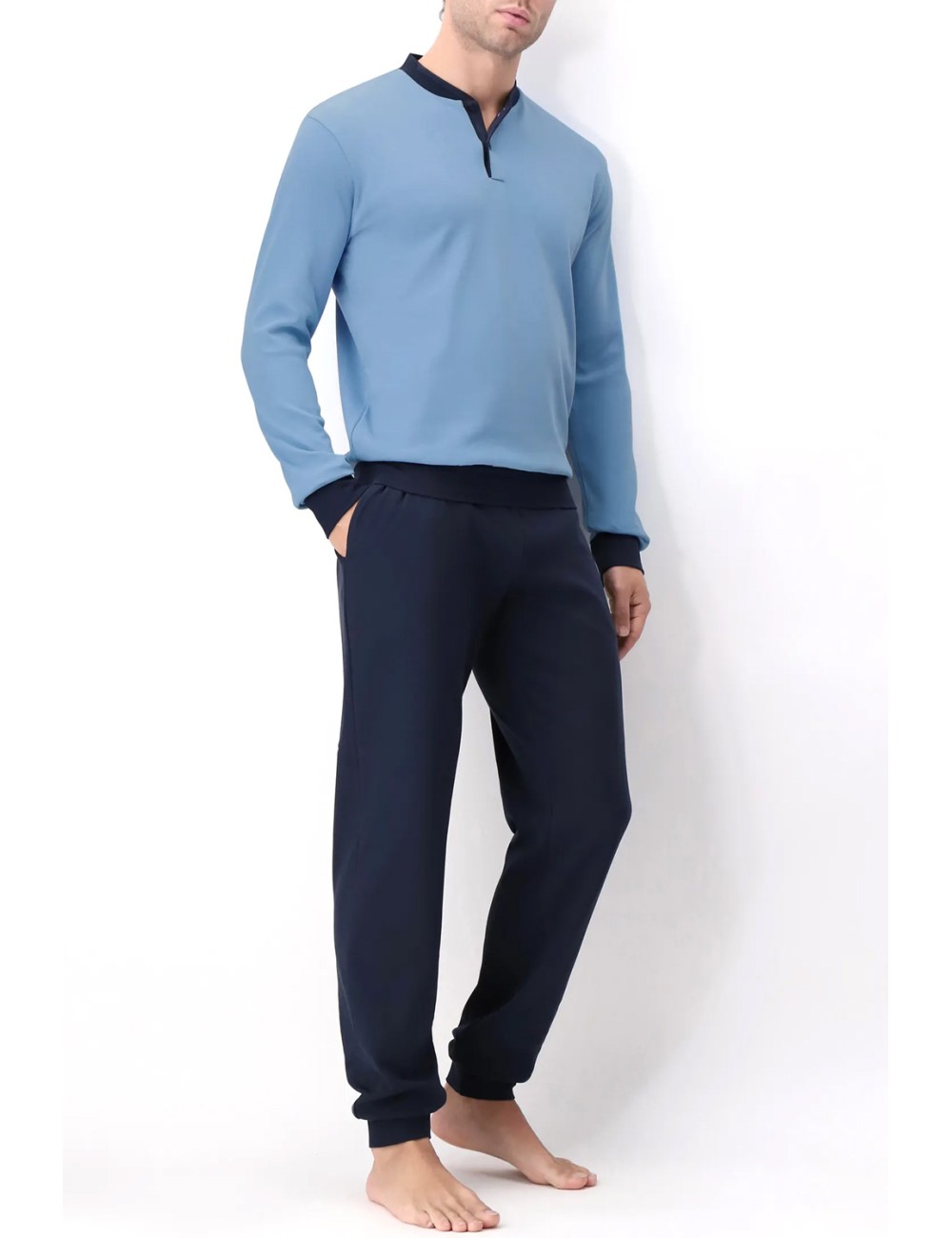 Cagi - pigiama lungo serafino in interlock di cotone invernale vcat00671 azzurro/bluCagiPassioni Boutique