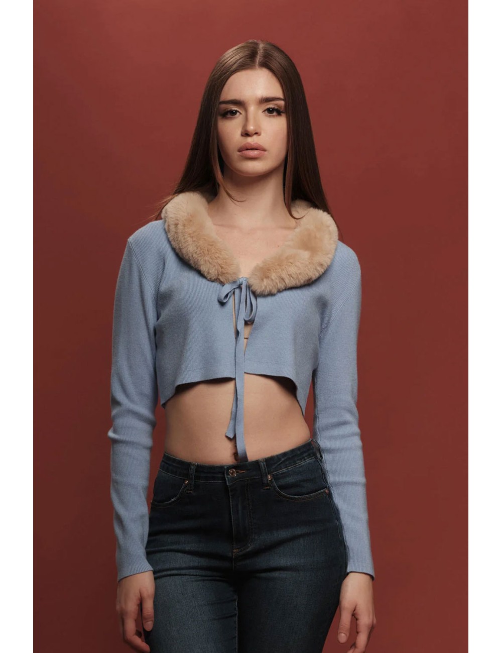 Fresh flower - cardigan allaccio inglese con collo in pelliccia ff505 cielo/cammelloFresh FlowerPassioni Boutique