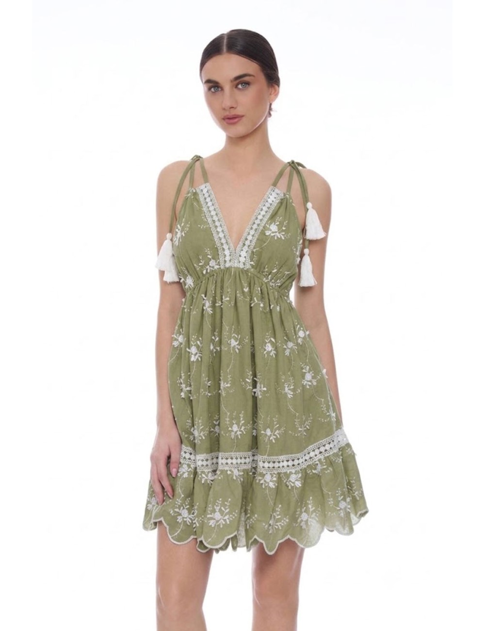 Donna abito corto miss bikini in cotone verde oliva ricamato fioriMiss BikiniPassioni Boutique