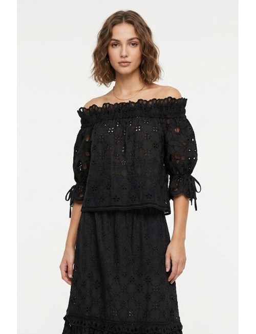 Donna blusa ermanno scervino in cotone ricamo sangallo nero