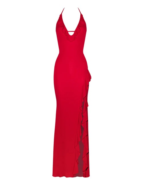 Donna abito lungo rochelle rouge sand rosso ibisco con volant