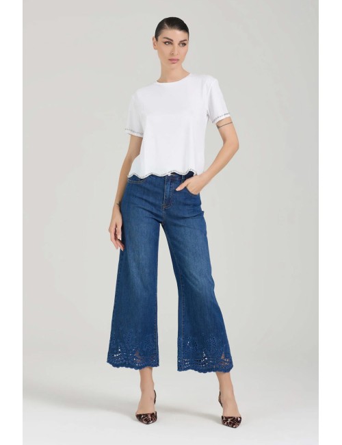Donna jeans take two flory denim flare con ricamo sangallo 7oz
